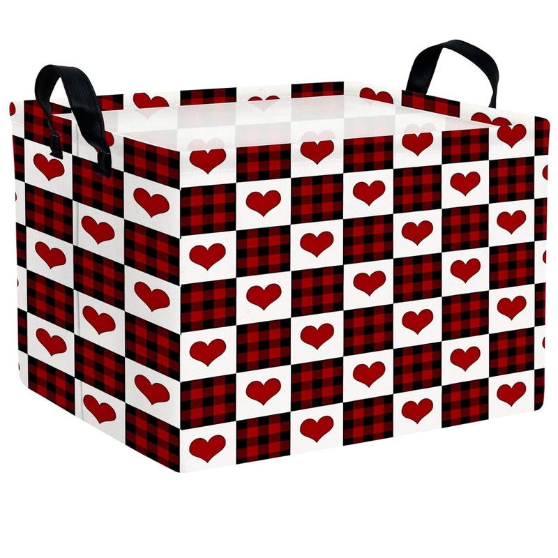 SETAMA Cute Large Valentine's Day Gift Basket Empty Heart Decor Storage Bin for Kid Baby Room Décor (Deep Red Black Grid) - Image 1